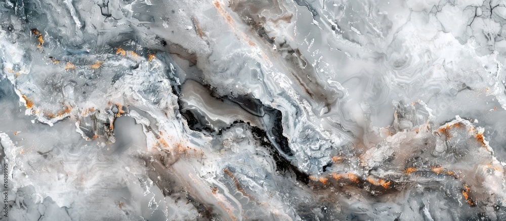 An artistic representation of a textured surface combining shades of grey and orange, resembling natural marble patterns