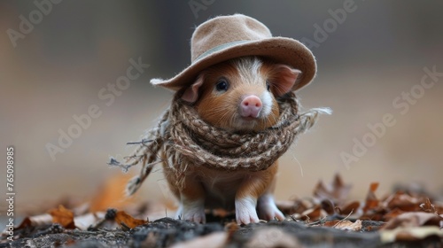 A small guinea pig wearing a hat and scarf on the ground, AI
