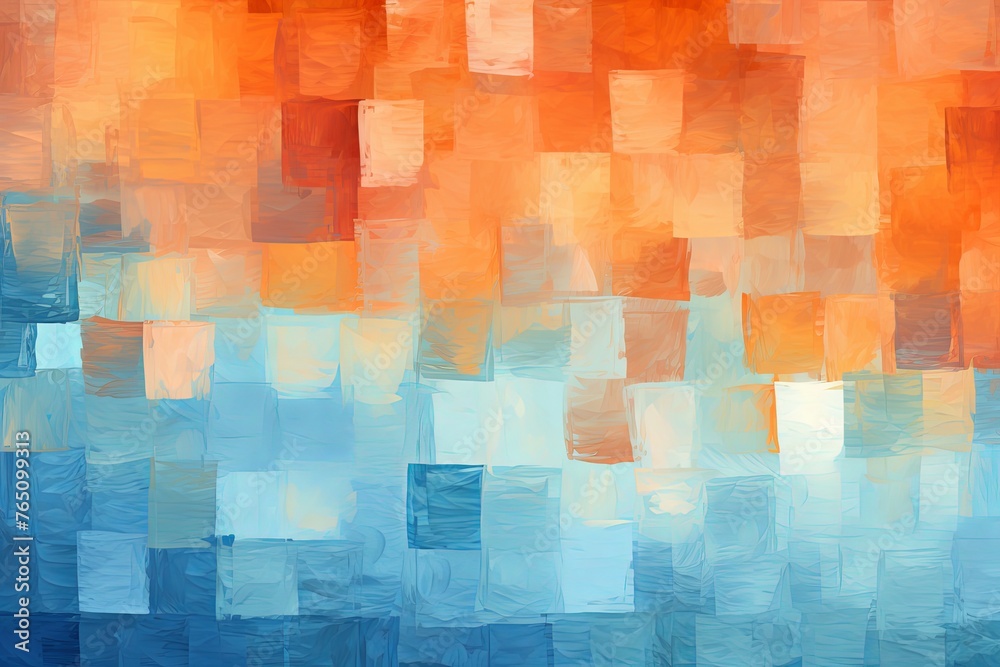 orange and blue squares on the background, in the style of soft, blended brushstrokes