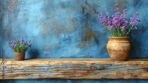  a couple of vases filled with purple flowers sitting on top of a wooden table next to a blue wall.