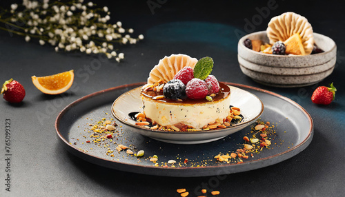Organic Low calorie fruit dessert on the black plate and dark background, advertisement shoot