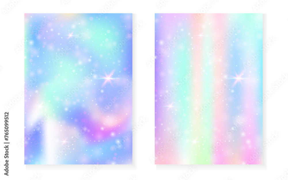 Kawaii background with rainbow princess gradient. Magic unicorn hologram. Holographic fairy set. Creative fantasy cover. Kawaii background with sparkles and stars for cute girl party invitation. Kawaii background with rainbow princess gradient. Magic unicorn hologram. Holographic fairy set. Creative fantasy cover. Kawaii background with sparkles and stars for cute girl party invitation.