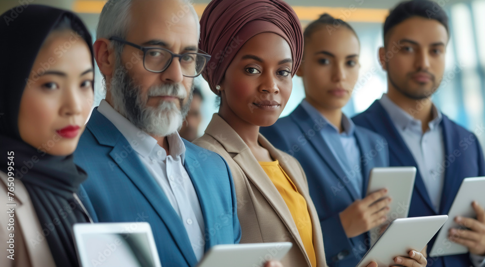 A diverse team of business professionals holding tablets and smartphones for working and connected through an online business platform, Technology to connect and work online concept. A diverse team of business professionals holding tablets and smartphones for working and connected through an online business platform, Technology to connect and work online concept.