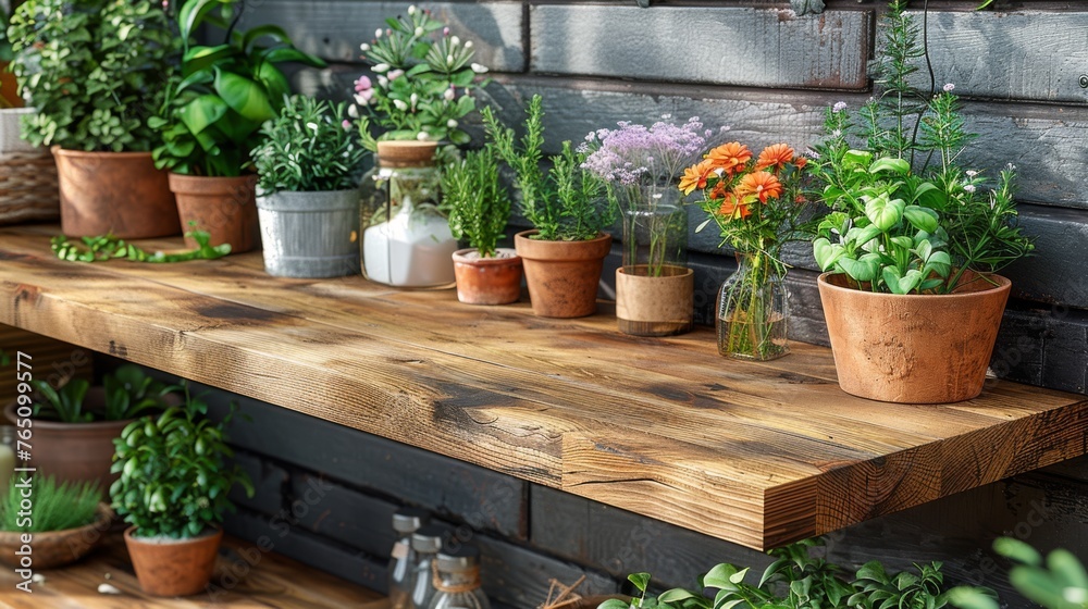 a row of potted plants sitting on top of a wooden shelf next to other potted plants on top of a wooden shelf. a row of potted plants sitting on top of a wooden shelf next to other potted plants on top of a wooden shelf.