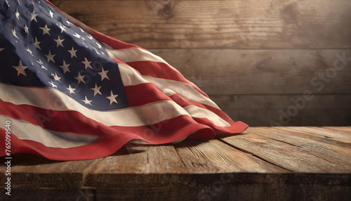 American flag gracefully draped over a rustic wooden surface. 