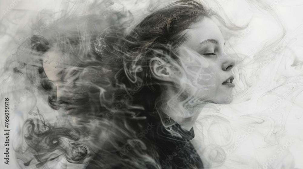 A woman is being photographed with smoke in the background, AI A woman is being photographed with smoke in the background, AI
