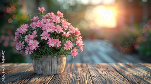  a close up of a potted plant on a wooden table with pink flowers in front of a blurry background.