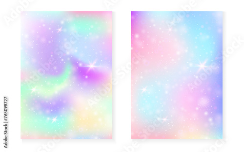 Magic background with princess rainbow gradient. Kawaii unicorn hologram. Holographic fairy set. Trendy fantasy cover. Magic background with sparkles and stars for cute girl party invitation.