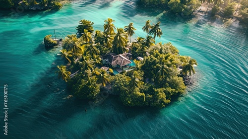 tropical island with palm trees and houses surrounded by blue water of sea