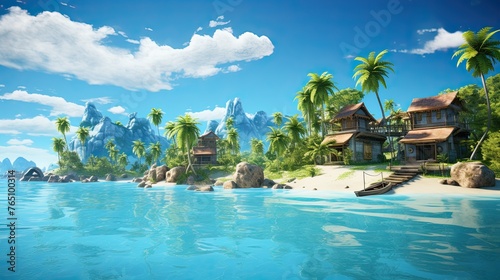 tropical island with palm trees and houses surrounded by blue water of sea