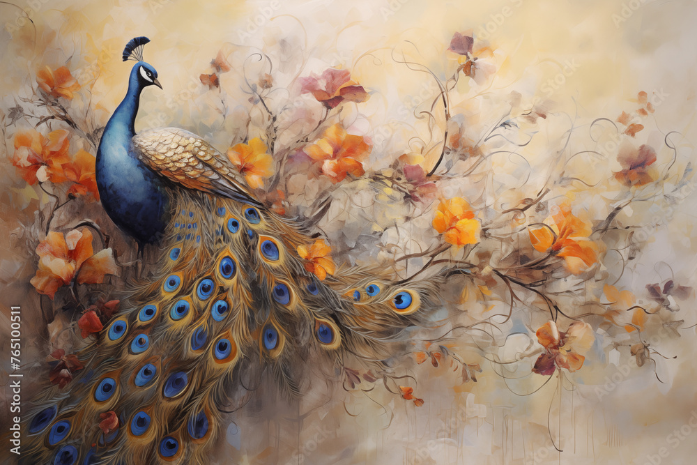 Modern art colorful peacock painted on a canvas, art design - obrazy, fototapety, plakaty 