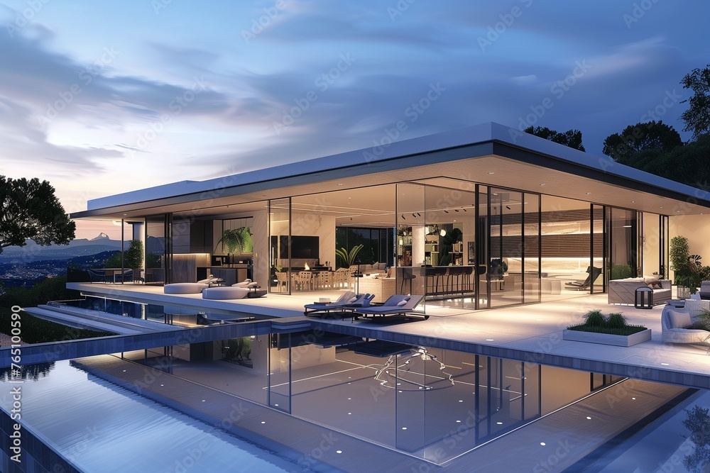 Fototapeta premium Modern Luxury Villa with Seamless Indoor-Outdoor Living Spaces - Design a modern luxury villa that epitomizes seamless indoor-outdoor living.