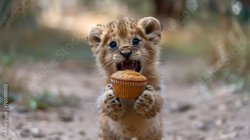  a small lion cub holding a cupcake in its mouth with it's mouth open and mouth wide open.