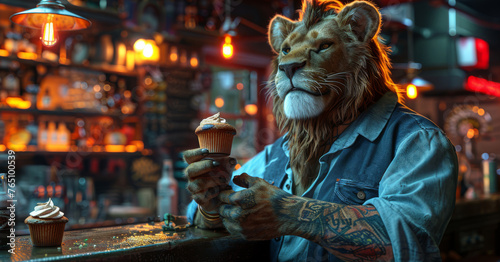  a man in a lion costume holding a cupcake in front of a bar with a lion's head on it. © Shanti