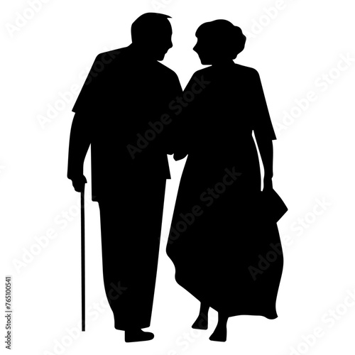Walking senior couple silhouette, isolated on transparent or white background, vector illustration.