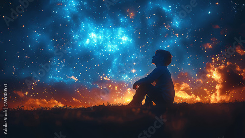 A happy amazed kid is sitting on the grass watching the sky full of stars,generative ai