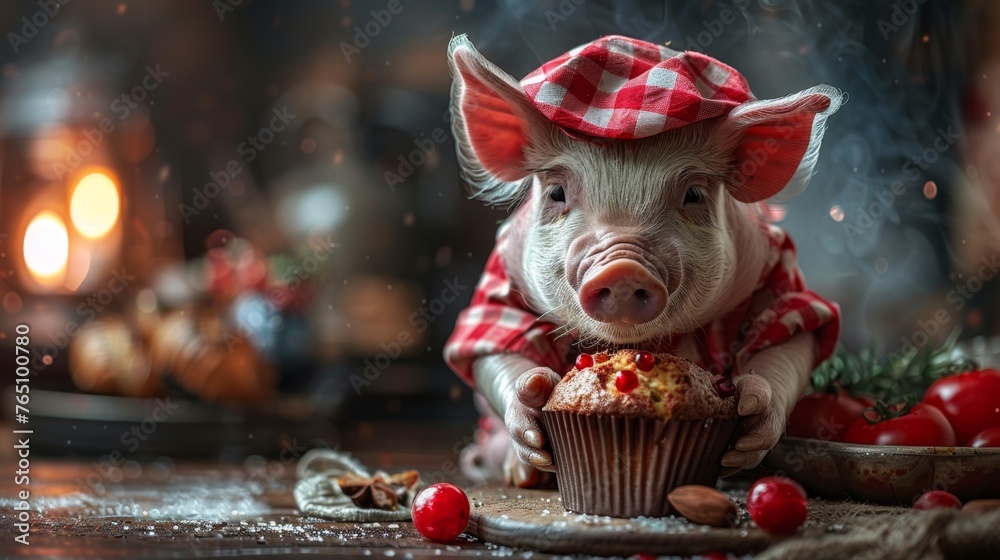  a small pig wearing a red and white checkered hat and holding a cupcake with a bite taken out of it.