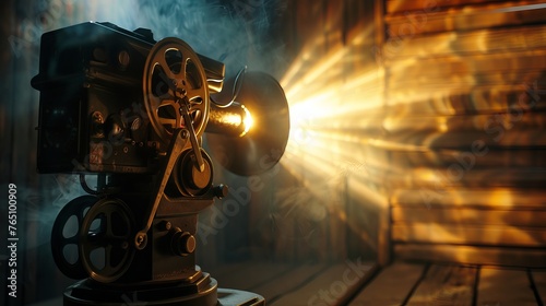A film projector rests on a wooden surface. The lighting is dramatic, highlighting the projector with a soft focus.