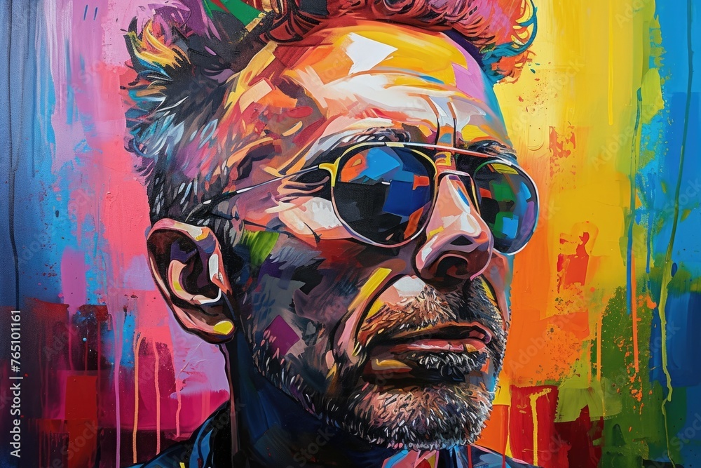 The comic colourful picture of the short hair male adult human head and has been wearing sunglasses with straight face yet picture fill with various colour that make picture fill with emotion. AIGX01.
