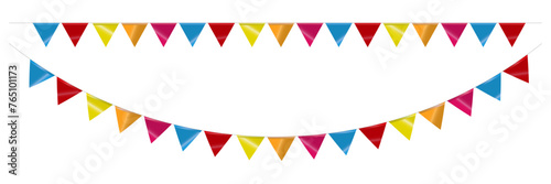 Hanging carnival bunting flags. Decorative colorful party pennants for birthday celebration.