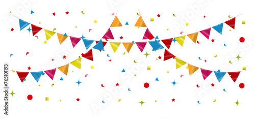 Hanging carnival garlend flags. Decorative colorful party pennants for birthday celebration. Festival decoration element isolated on transparent.