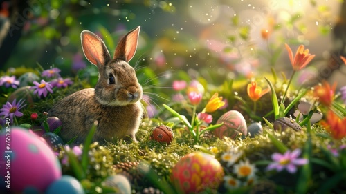 Easter bunny sitting among colorful eggs - A cute brown bunny surrounded by vibrant Easter eggs nestled in a field of spring flowers and sparkling lights