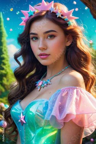 young woman in fantasy princess clothes in an enchanted forest of an amusement park 