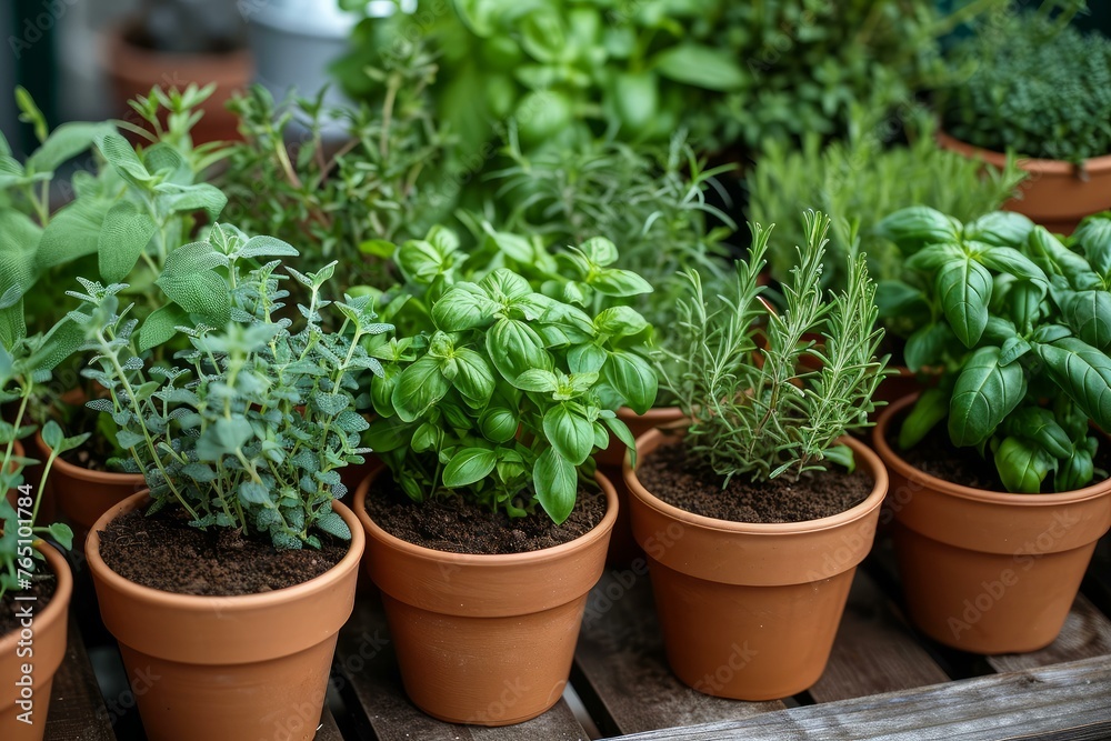 Fototapeta premium Lush Aromatic potted herbs. Home kitchen food. Generate Ai