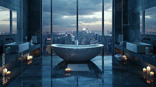 Modern Hotel's Luxurious Bathroom Interior: Panoramic Window with Cityscape, High-End Fixtures, and Ambient Lighting © Sajida