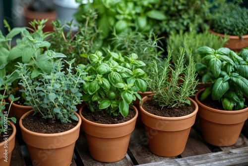 Lush Aromatic potted herbs. Home kitchen food. Generate Ai