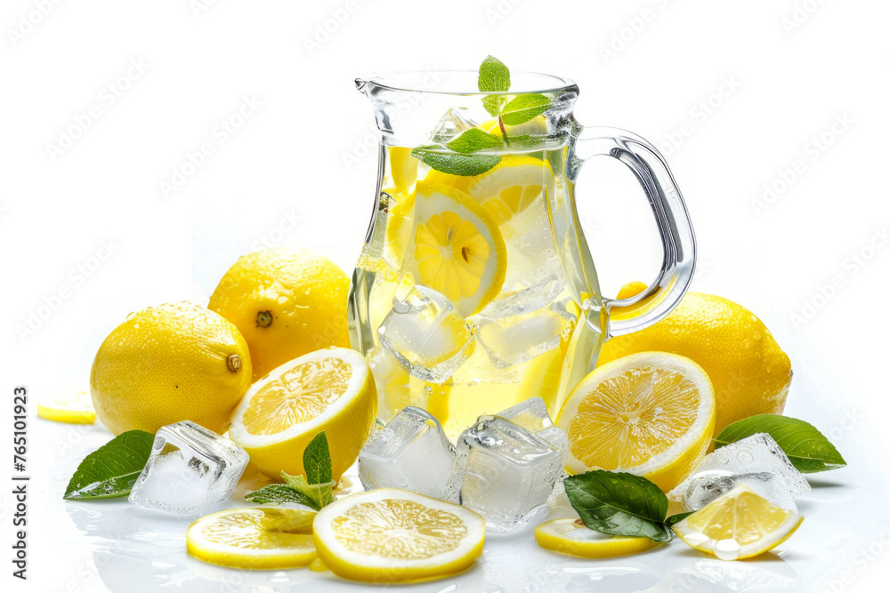 A clear pitcher filled with lemonade, ice cubes, and slices of fresh lemons, with some green leaves and mint herbs. Isolated on white background. A clear pitcher filled with lemonade, ice cubes, and slices of fresh lemons, with some green leaves and mint herbs. Isolated on white background.