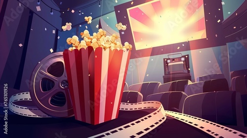 Enjoy classic movies with popcorn and a vintage film reel on streaming services.