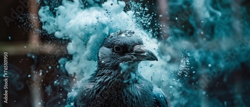  A bird photographed from close range, with droplets of water flying off its head and feathers against a window background