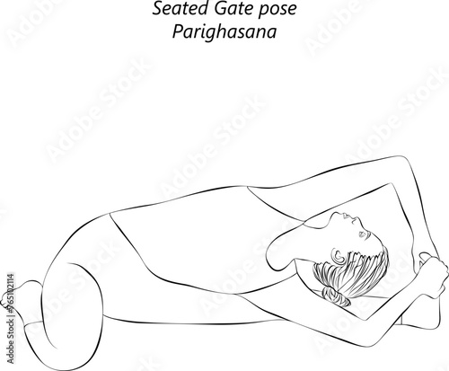 Sketch of woman doing yoga Parighasana. Seated Gate pose. Intermediate Difficulty. Isolated vector illustration.