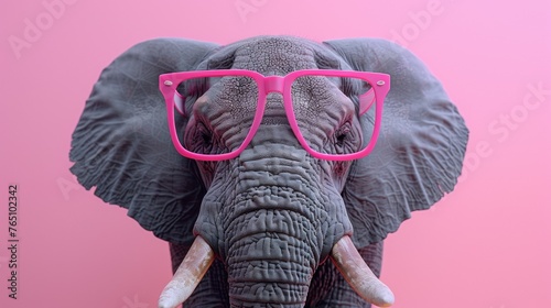 A close up of an elephant wearing pink glasses on its face, AI