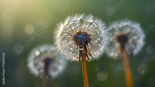 flower fluff  dandelion seeds with dew dop - beautiful macro photography with abstract bokeh background
