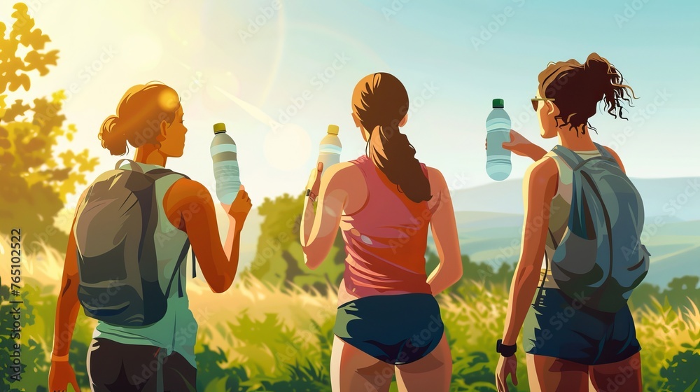Stay hydrated and active! Women enjoy a refreshing drink after a workout or hike in nature. This helps them stay healthy and fit. - obrazy, fototapety, plakaty 