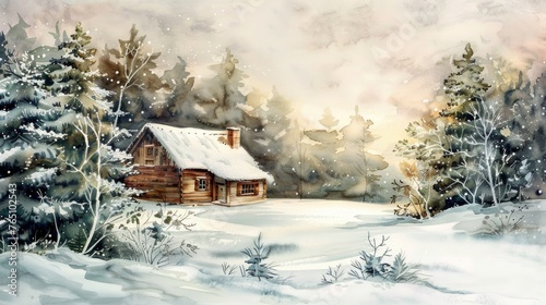 A watercolor scene of a cozy cabin in a snowcovered landscape, evoking warmth, on white