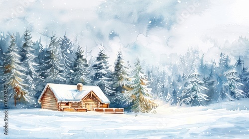 A watercolor scene of a cozy cabin in a snowcovered landscape, evoking warmth, on white © Pungu x