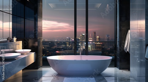 Sophisticated Modern Hotel Bathroom with Panoramic View, Marble Surfaces, and Designer Bathtub and Sink Ensemble © Sajida