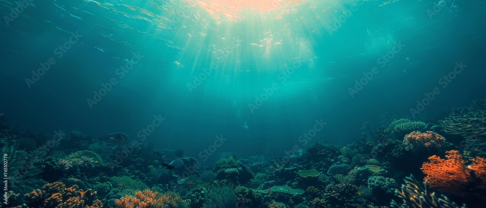  A stunning underwater photo captures sunlight filtering through the water, casting colorful reflections on coral and fish in the foreground