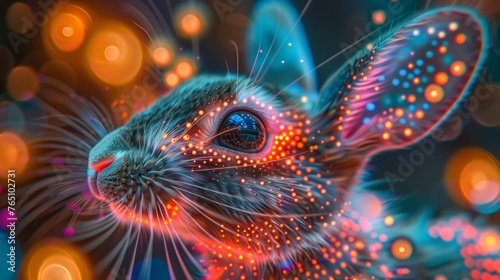 A close up of a rabbit with colorful dots on it, AI