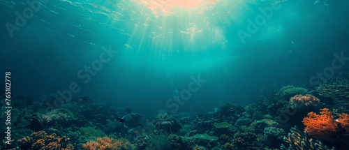  A stunning underwater photo captures sunlight filtering through the water  casting colorful reflections on coral and fish in the foreground
