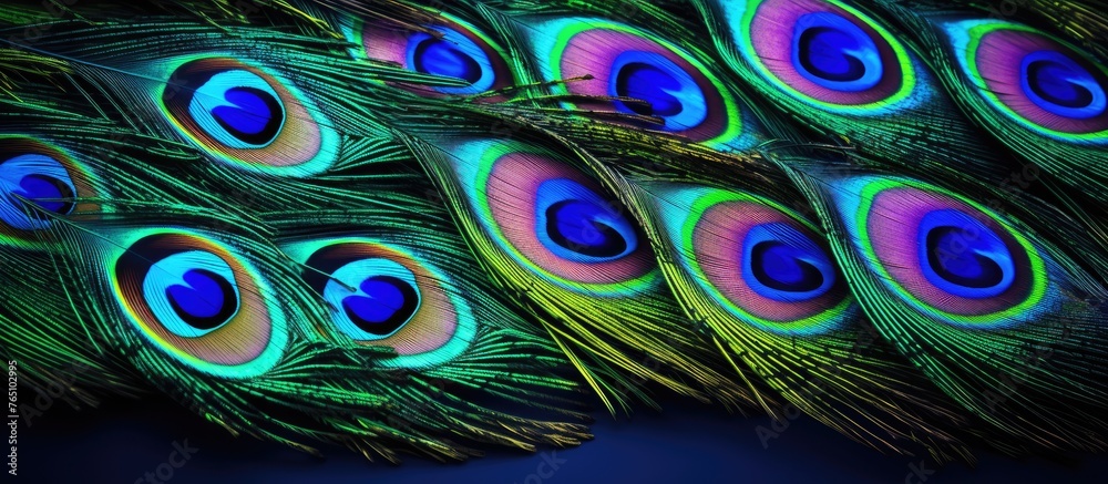 Obraz premium Vivid peacock plumes are vividly hued and radiantly fanned out in a straight line