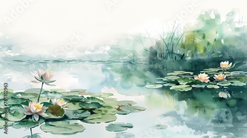 Watercolor depiction of a tranquil pond with lily pads and a reflection of the sky  on white