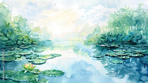 Watercolor depiction of a tranquil pond with lily pads and a reflection of the sky  on white