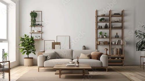 Spacious and Airy Modern Living Room Interior with Plush Sofa, Chic Coffee Table, and Wooden Racks Against a Crisp White Wall Featuring Copy Space