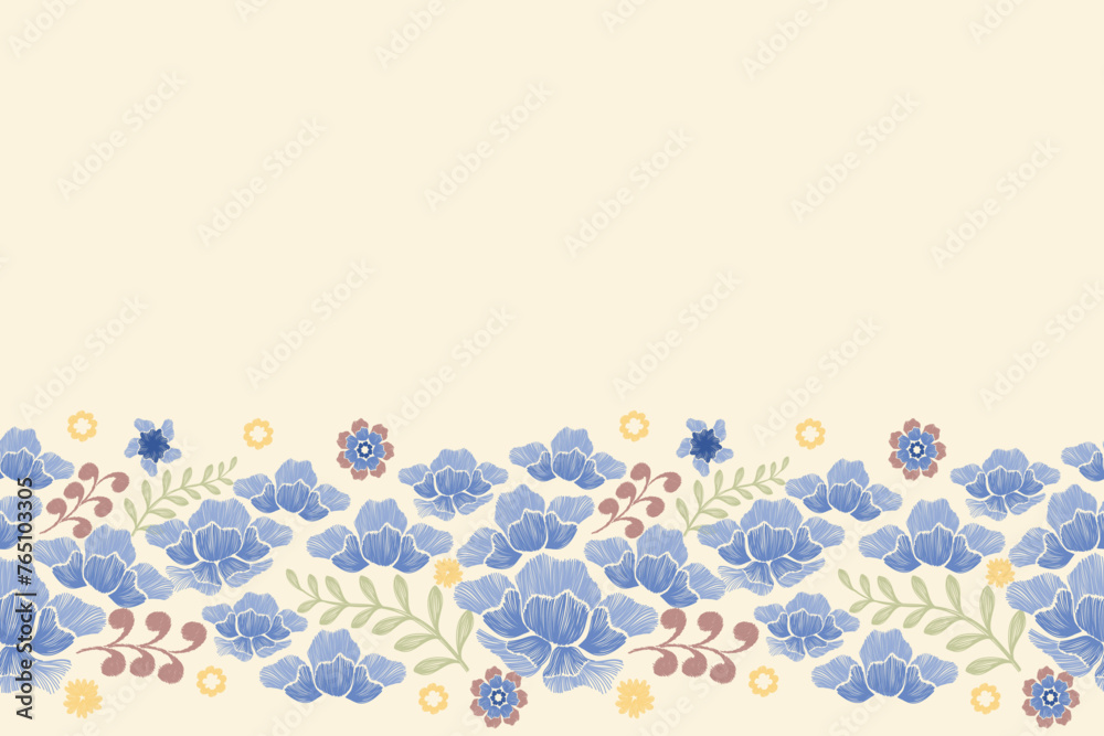Blue floral border background Seamless pattern with blue flowers. Hand drawn abstract ikat floral background design vintage vector illustration copy space