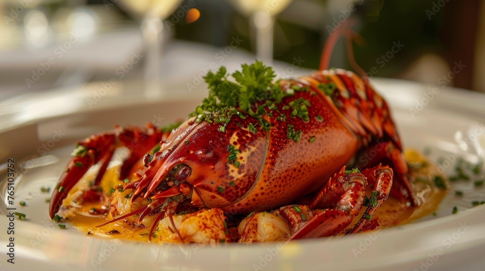 A lobster is sitting on a plate with some sauce, AI
