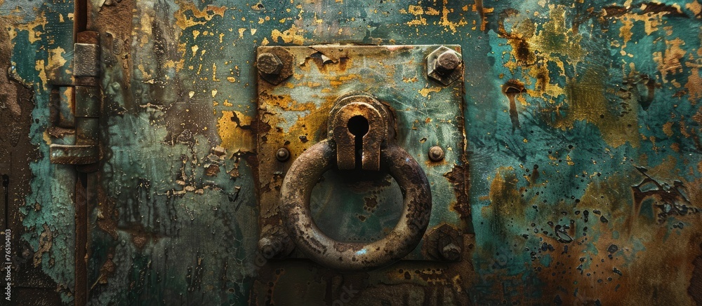 A close-up view of a weathered metal door covered in rust, featuring a ring handle attached to it A close-up view of a weathered metal door covered in rust, featuring a ring handle attached to it